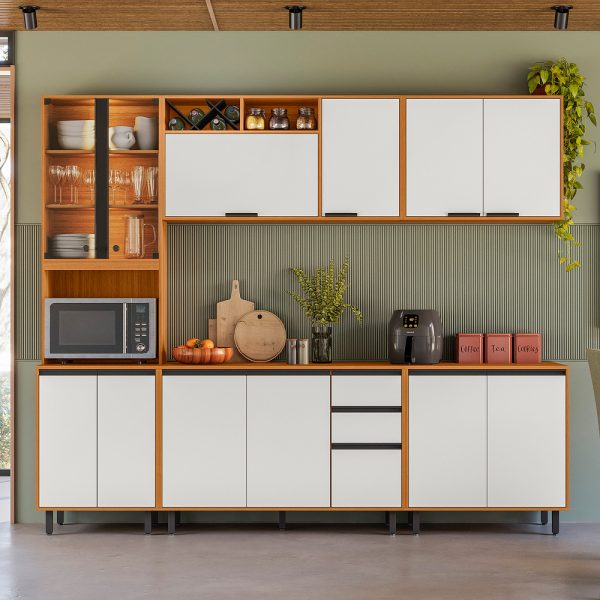 Cozinha Ravena Completa 5 Peças c/Led 2.60m - Freijó/Off White