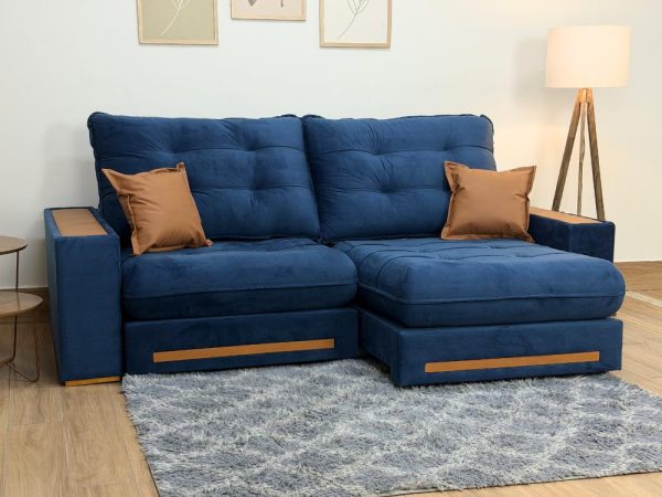 Sofá Retrátil e Reclinável Apollo Molas Ensacadas 2.50m - Azul Veludo /Courino Marrom - Imagem 2