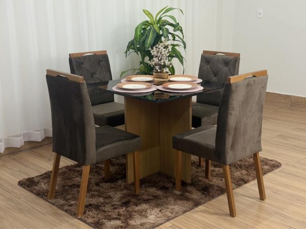 Mesa de Jantar Helo 0.90x0.90 Com 4 Cadeiras Jasmim - Freijó/Preto/Marrom Veludo