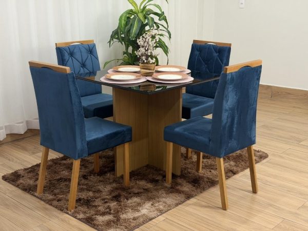 Mesa de Jantar Helo 1.20x0.90 Com 4 Cadeiras Jasmim - Freijó/Preto/Azul Veludo