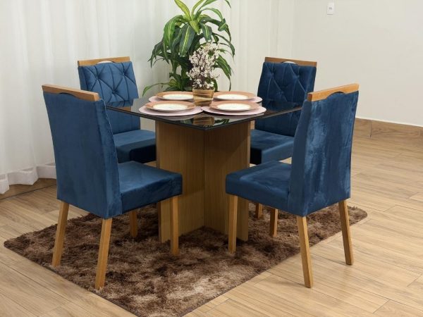 Mesa de Jantar Helo 0.90x0.90 Com 4 Cadeiras Jasmim - Freijó/Preto/Azul Veludo - Imagem 6