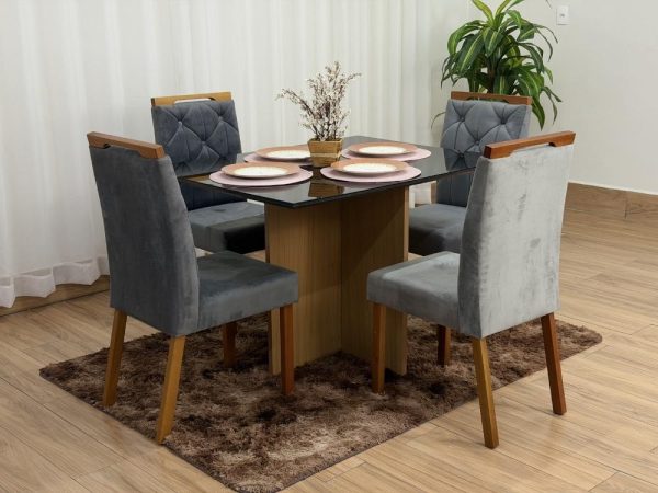 Mesa de Jantar Helo 1.20x0.90 Com 4 Cadeiras Jasmim - Freijó/Preto/Cinza Veludo - Imagem 5