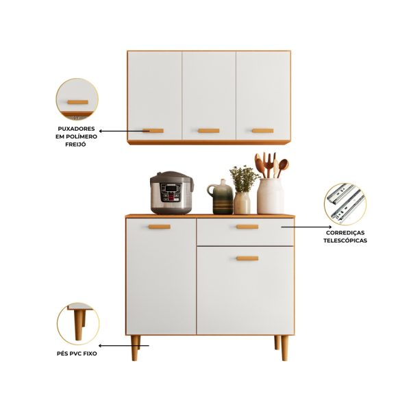 Armário de Cozinha Kit Ester Balcão+Aéreo 0,91m - Freijó/ Off White - Imagem 3