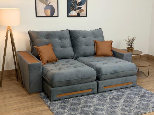 Sofá Retrátil e Reclinável Apollo Molas Ensacadas 2.30m - Cinza Veludo /Courino Marrom
