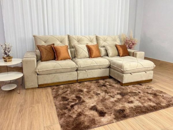 Sofá Retrátil Reclinável Pleno 3 Módulos 3.20m - Bege Veludo - Imagem 2