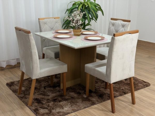 Mesa de Jantar Helo 1.20x0.90 Com 4 Cadeiras Jasmim - Freijó/Off White/Bege Veludo - Imagem 6