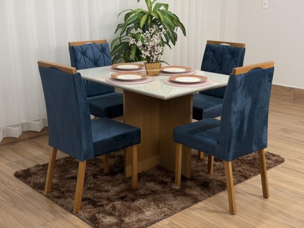 Mesa de Jantar Helo 1.20x0.90 Com 4 Cadeiras Jasmim - Freijó/Off White/Azul Veludo - Imagem 7