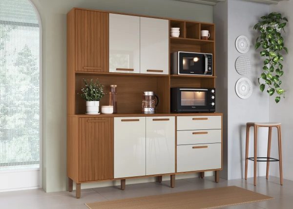 Armário de Cozinha Kit Grécia 7 Portas 2 Gavetas 1.80m - Freijó/Off White