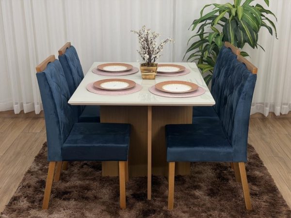 Mesa de Jantar Helo 1.20x0.90 Com 4 Cadeiras Jasmim - Freijó/Off White/Azul Veludo - Imagem 6