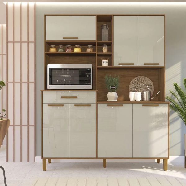 Armário de Cozinha Kit New Braga 7 Portas 1 Gaveta 1.60m - Freijó/Off White
