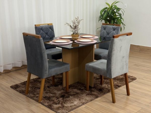 Mesa de Jantar Helo 1.20x0.90 Com 4 Cadeiras Jasmim - Freijó/Preto/Cinza Veludo - Imagem 7
