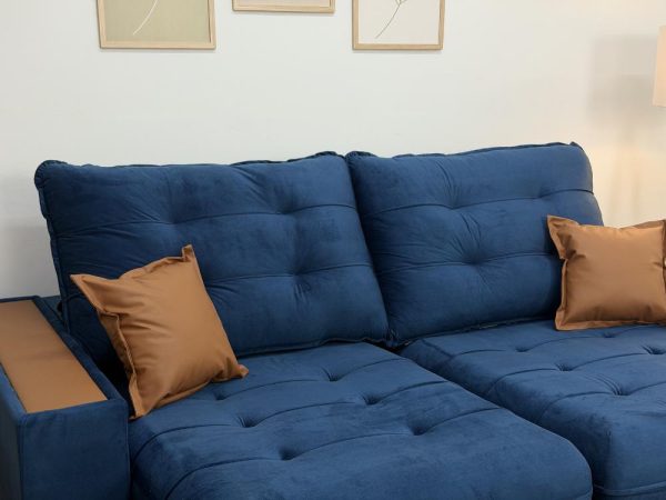 Sofá Retrátil e Reclinável Apollo Molas Ensacadas 2.50m - Azul Veludo /Courino Marrom - Imagem 4