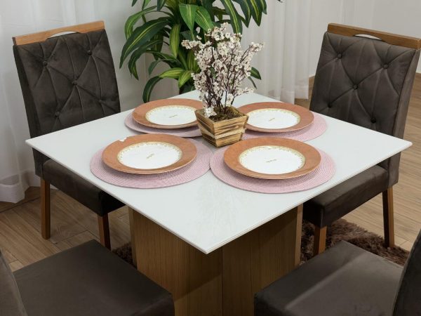 Mesa de Jantar Helo 0.90x0.90 Com 4 Cadeiras Jasmim - Freijó/Off White/Marrom Veludo - Imagem 3