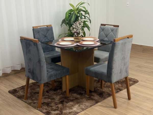 Mesa de Jantar Helo 0.90x0.90 Com 4 Cadeiras Jasmim - Freijó/Preto/Cinza Veludo