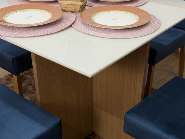 Mesa de Jantar Helo 0.90x0.90 Com 4 Cadeiras Jasmim - Freijó/Off White/Azul Veludo - Imagem 3
