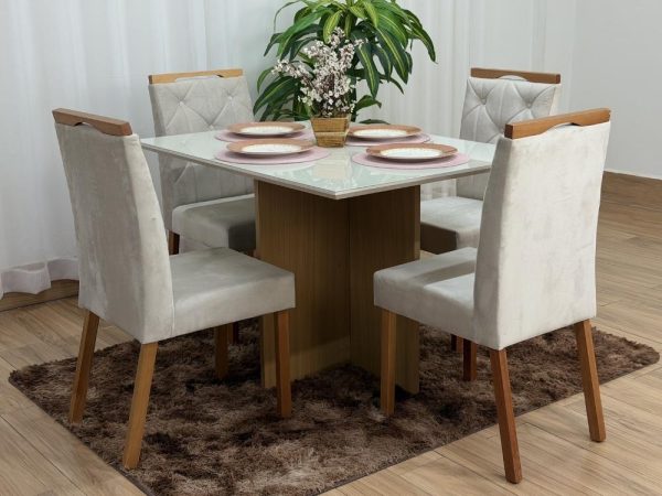Mesa de Jantar Helo 1.20x0.90 Com 4 Cadeiras Jasmim - Freijó/Off White/Bege Veludo