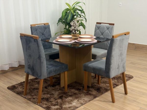 Mesa de Jantar Helo 0.90x0.90 Com 4 Cadeiras Jasmim - Freijó/Preto/Cinza Veludo - Imagem 5