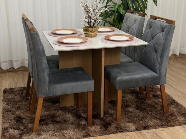 Mesa de Jantar Helo 1.20x0.90 Com 4 Cadeiras Jasmim - Freijó/Off White/Cinza Veludo - Imagem 3