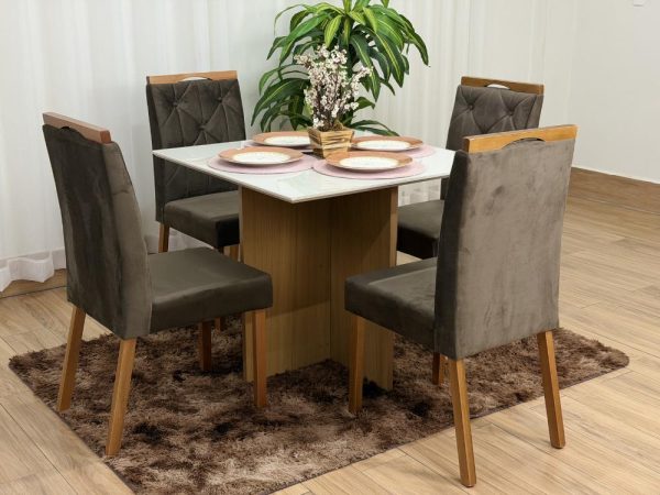 Mesa de Jantar Helo 0.90x0.90 Com 4 Cadeiras Jasmim - Freijó/Off White/Marrom Veludo