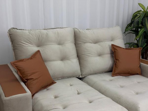 Sofá Retrátil e Reclinável Apollo Molas Ensacadas 2.50m - Bege Veludo /Courino Marrom - Imagem 4