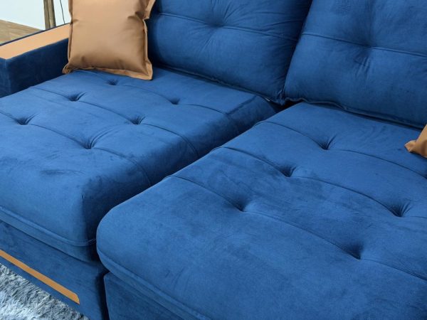 Sofá Retrátil e Reclinável Apollo Molas Ensacadas 2.50m - Azul Veludo /Courino Marrom - Imagem 5