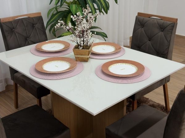 Mesa de Jantar Helo 1.20x0.90 Com 4 Cadeiras Jasmim - Freijó/Off White/Marrom Veludo - Imagem 2