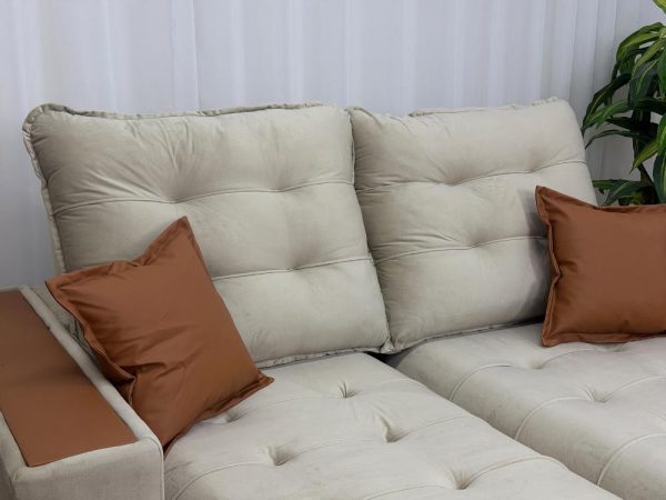 Sofá Retrátil e Reclinável Apollo Molas Ensacadas 2.50m - Bege Veludo /Courino Marrom - Imagem 6