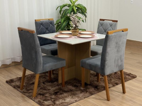 Mesa de Jantar Helo 0.90x0.90 Com 4 Cadeiras Jasmim - Freijó/Off White/Cinza Veludo - Imagem 5
