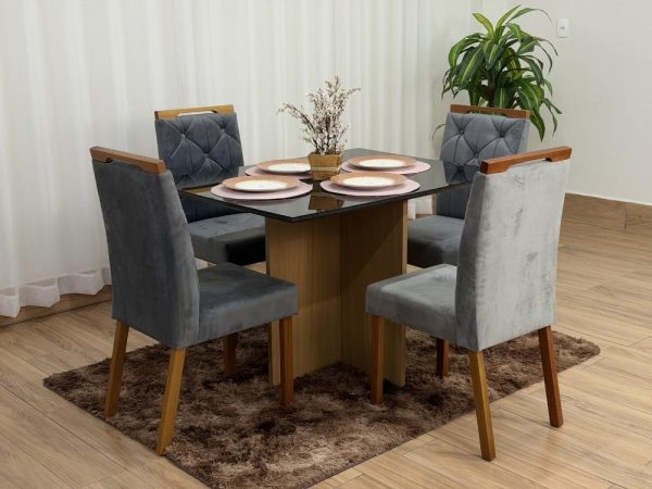 Mesa de Jantar Helo 1.20x0.90 Com 4 Cadeiras Jasmim - Freijó/Preto/Cinza Veludo - Imagem 6