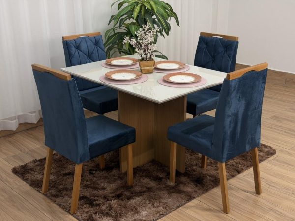 Mesa de Jantar Helo 1.20x0.90 Com 4 Cadeiras Jasmim - Freijó/Off White/Azul Veludo