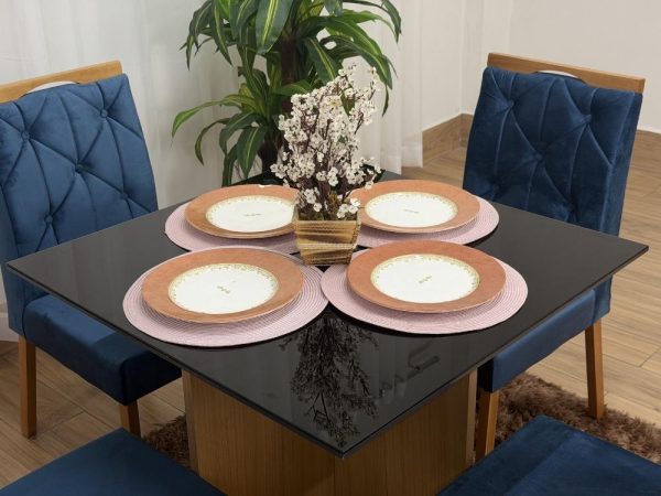 Mesa de Jantar Helo 1.20x0.90 Com 4 Cadeiras Jasmim - Freijó/Preto/Azul Veludo - Imagem 5