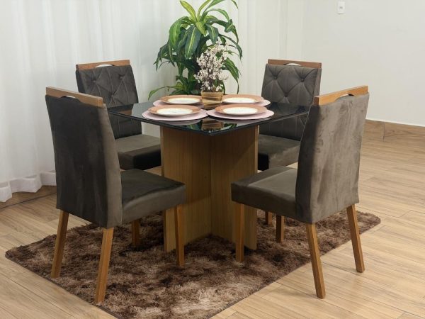 Mesa de Jantar Helo 0.90x0.90 Com 4 Cadeiras Jasmim - Freijó/Preto/Marrom Veludo - Imagem 4