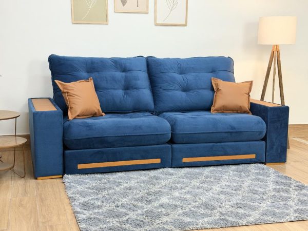 Sofá Retrátil e Reclinável Apollo Molas Ensacadas 2.50m - Azul Veludo /Courino Marrom - Imagem 3