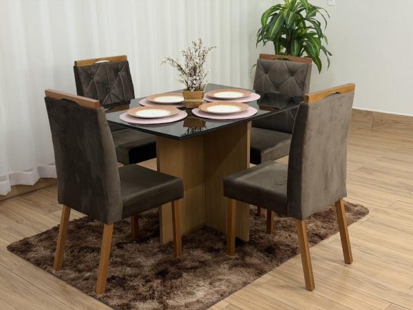 Mesa de Jantar Helo 1.20x0.90 Com 4 Cadeiras Jasmim - Freijó/Preto/Marrom Veludo