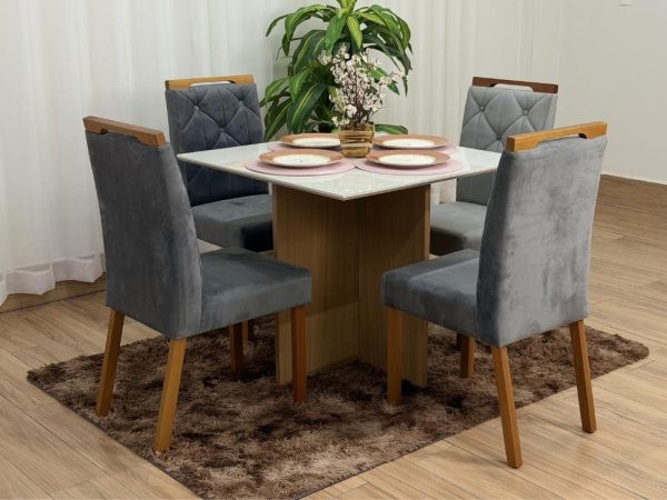 Mesa de Jantar Helo 0.90x0.90 Com 4 Cadeiras Jasmim - Freijó/Off White/Cinza Veludo