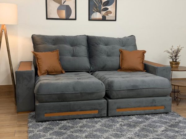 Sofá Retrátil e Reclinável Apollo Molas Ensacadas 2.50m - Cinza Veludo /Courino Marrom - Imagem 4
