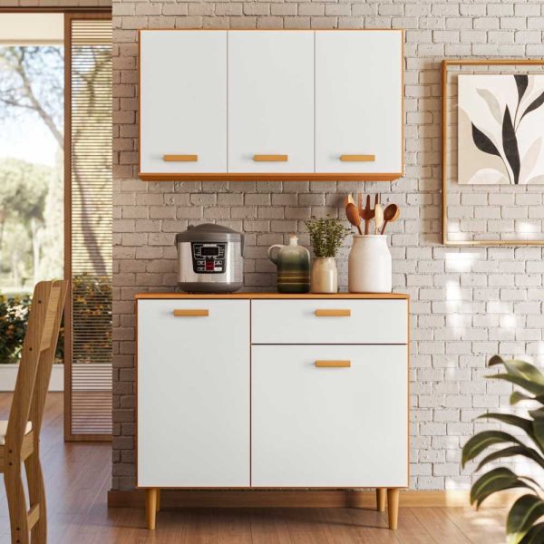 Armário de Cozinha Kit Ester Balcão+Aéreo 0,91m -  Freijó/ Off White