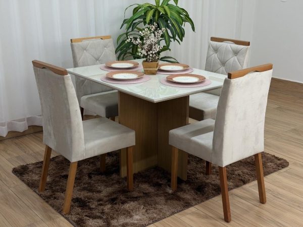 Mesa de Jantar Helo 1.20x0.90 Com 4 Cadeiras Jasmim - Freijó/Off White/Bege Veludo - Imagem 3