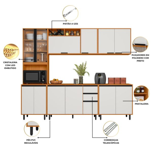 Cozinha Ravena Completa 5 Peças c/Led 2.60m - Freijó/Off White - Imagem 3