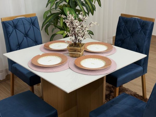 Mesa de Jantar Helo 0.90x0.90 Com 4 Cadeiras Jasmim - Freijó/Off White/Azul Veludo - Imagem 2