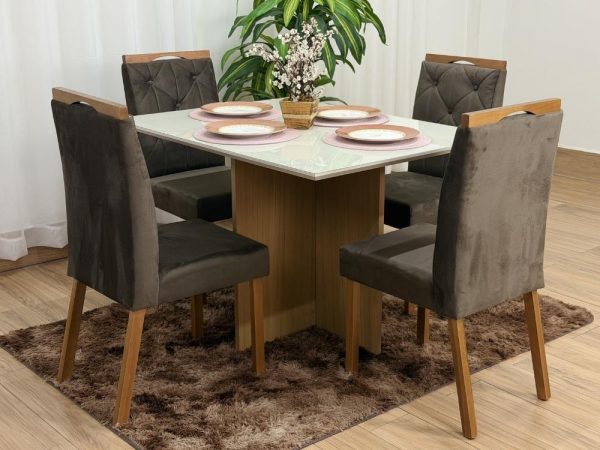 Mesa de Jantar Helo 1.20x0.90 Com 4 Cadeiras Jasmim - Freijó/Off White/Marrom Veludo