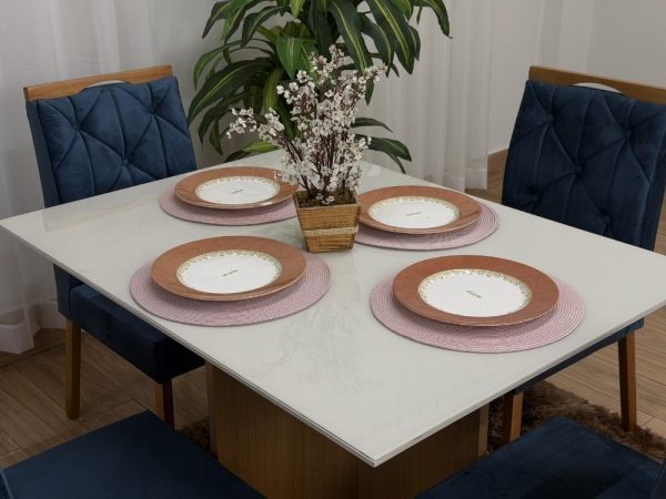 Mesa de Jantar Helo 1.20x0.90 Com 4 Cadeiras Jasmim - Freijó/Off White/Azul Veludo - Imagem 4