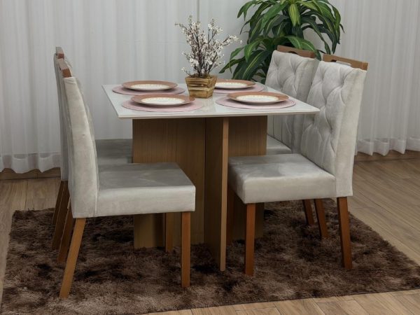 Mesa de Jantar Helo 1.20x0.90 Com 4 Cadeiras Jasmim - Freijó/Off White/Bege Veludo - Imagem 2