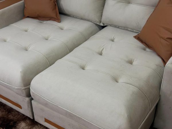 Sofá Retrátil e Reclinável Apollo Molas Ensacadas 2.50m - Bege Veludo /Courino Marrom - Imagem 8