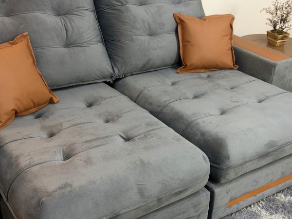 Sofá Retrátil e Reclinável Apollo Molas Ensacadas 2.30m - Cinza Veludo /Courino Marrom - Imagem 6