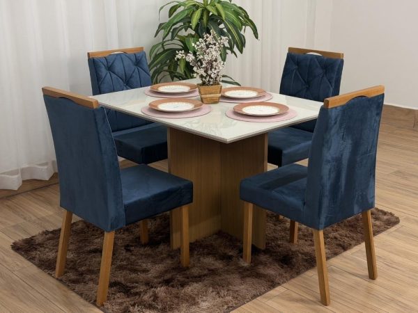 Mesa de Jantar Helo 1.20x0.90 Com 4 Cadeiras Jasmim - Freijó/Off White/Azul Veludo - Imagem 5