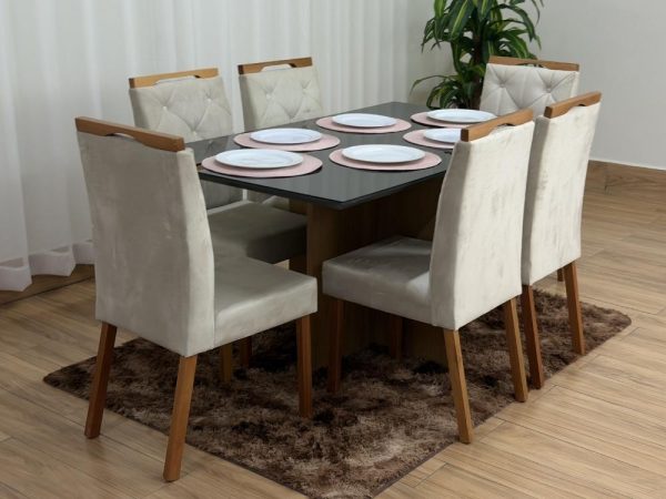 Mesa de Jantar Helo 1.60×0.90 Com 6 Cadeiras Jasmim - Freijó/Preto/Bege Veludo