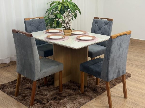 Mesa de Jantar Helo 1.20x0.90 Com 4 Cadeiras Jasmim - Freijó/Off White/Cinza Veludo