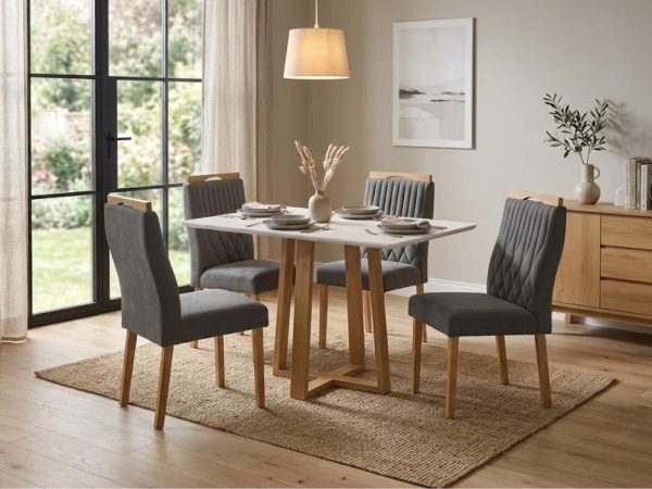 Mesa de Jantar Pedro 1.20x0.80 Com 4 Cadeiras Genova  - Cinamomo/Off White/Cinza