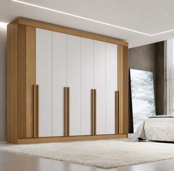 Guarda-Roupa Daymond  8 Portas e 8 Gavetas Ripado - Cinamomo/Off White